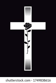 Crucifix illustration with rose drawn inside, on the dark background.