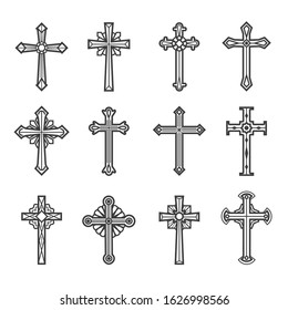 Crucifix images. Jesus christ vintage crosses vector illustration for tattoos and religious ornate decoration isolated on white background