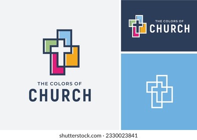 Crucifijo Cruz de Jesucristo con forma geométrica colorida para el diseño del logo de la Capilla de la Iglesia Católica Cristiana