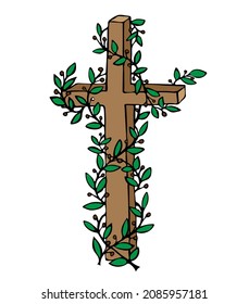 Crucifix with laurel branch. Religious christian symbol. Vector Illustration in doodle style.