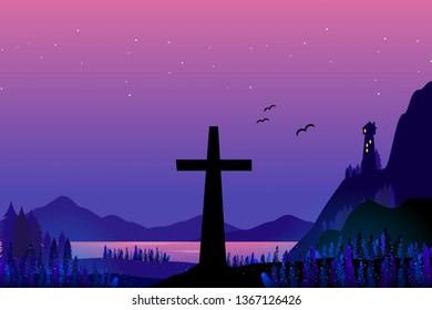 Crucifix. Silhouette of a christian cross on a hill. abstract purple fantasy landscape. beautiful place for rest in peace.