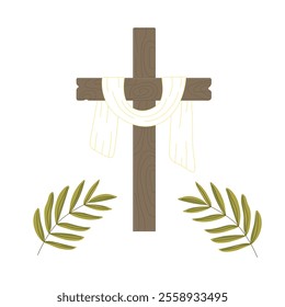 Crucifix, wooden cross and shroud and palm leaves. Religious symbols of Good Friday and Easter. Vector illustration