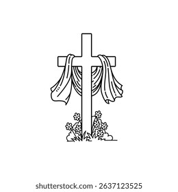 Crucifixion Cross with Cloth Hanging Vector Illustration, Simple Linear Outline Cross Of The Christ Vector Image, Christianity Cross Symbol Vector Image.