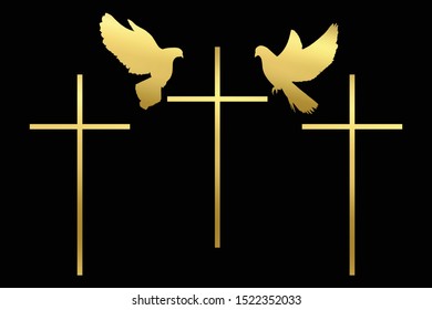 Crucifixion and doves metalic gold. Dies Passionis Domini. Galgofa. Clip art set isolated