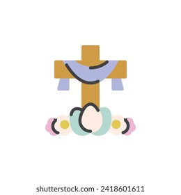 Icono plano de crucifixión y huevos de Pascua, signo vectorial, pictograma colorido aislado en blanco. Símbolo, ilustración del logotipo. Diseño de estilo plano