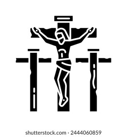 Crucifixion of Jesus black glyph icon. Jesus Christ dying on cross. Good friday. Symbol of faith. Christian religion. Silhouette symbol on white space. Solid pictogram. Vector isolated illustration