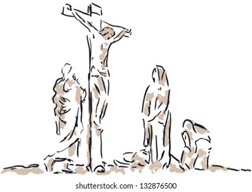 Crucifixion, Jesus Christ crucified on the cross. Christian and Catholic religion. Vector illustration