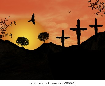 Crucifixion of Jesus Christ during sunset, vector illustration