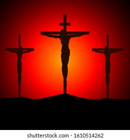 Crucifixion of Jesus Christ on the cross at sunset. Sun Rays.Vector Illustration