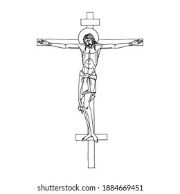 crucifixion of Jesus Christ on the cross, son of God, Christian religious symbol, Orthodox icon, vector illustration with black ink contour lines isolated on a white background in hand drawn style