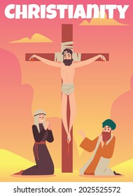 Crucifixion of jesus christ on cross at sunset on calvary for poster template in flat vector illustration. Christian biblical story from new testament about savior sacrificed himself to save mankind