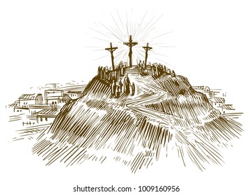 Crucifixión Jesucristo, Hijo de Dios. Dibujo vectorial de esbozo