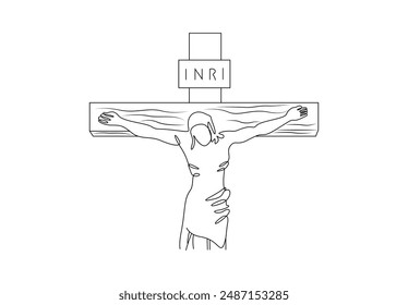 Crucifixión de Jesús continua una línea dibujando Ilustración vectorial