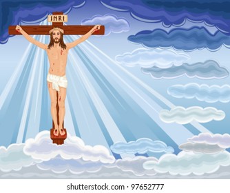 Crucifixion and resurrection of Jesus Christ on the cross. Over blue sky. Vector file saved as EPS AI8, all elements layered, no effects, easy print and edit.