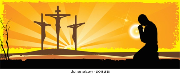 Crucifixion. Silhouettes of the three crosses and praying man. Vector illustration scale to any size. All elements and textures are individual objects.