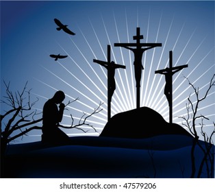 Crucifixion. Silhouettes of the three crosses and praying man. Vector illustration scale to any size. All elements and textures are individual objects.