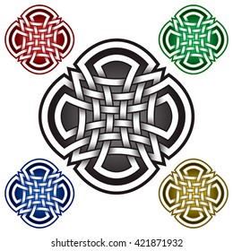 Cruciform logo symbol in Celtic style. Tribal tattoo symbol. Silver stamp for jewelry design and samples of red, green, blue and golden colors.