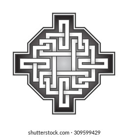 Cruciform logo template in Celtic knots style. Stylish tattoo symbol. Silver ornament for jewelry design.