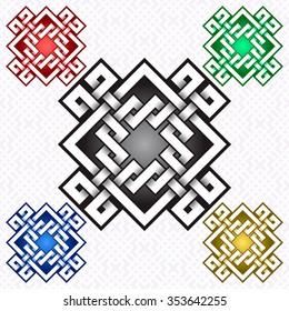 Cruciform logo template in Celtic knots style. Stylish tattoo symbol. Silver ornament for jewelry design and samples of other colors.