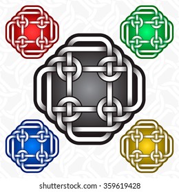 Cruciform logo template in Celtic knots style. Tribal tattoo symbol. Silver ornament for jewelry design and samples of other colors.