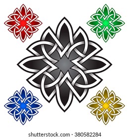 Cruciform logo template in Celtic knots style. Tribal tattoo symbol. Silver ornament for jewelry design and samples of other colors.