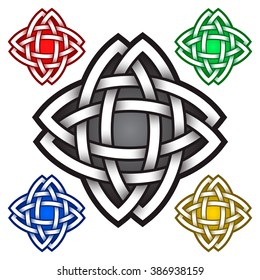 Cruciform logo template in Celtic knots style. Tribal tattoo symbol. Silver ornament for jewelry design and samples of other colors.