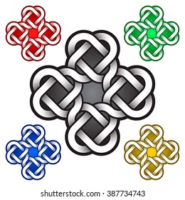 Cruciform logo template in Celtic knots style. Tribal tattoo symbol. Silver ornament for jewelry design and samples of other colors.