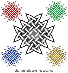 Cruciform mandala logo symbol in Celtic style. Tribal tattoo symbol. Silver stamp for jewelry design and samples of red, green, blue and golden colors.