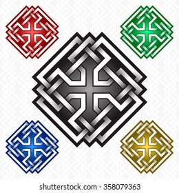 Cruciform rhombus logo template in Celtic knots style. Tribal tattoo symbol. Silver ornament for jewelry design and samples of other colors.