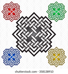 Cruciform rhombus logo template in Celtic knots style. Tribal tattoo symbol. Silver ornament for jewelry design and samples of other colors.