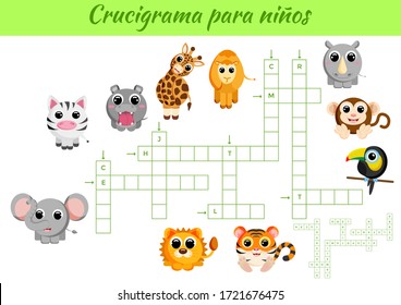 Crucigrama para niños - Crossword for kids. Crossword game with pictures. Kids activity worksheet colorful printable version. Educational game for study Spanish words. Vector stock illustration.