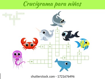 Crucigrama para niños - Crossword for kids. Crossword game with pictures. Kids activity worksheet colorful printable version. Educational game for study Spanish words. Vector stock illustration.