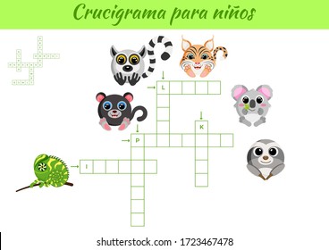 Crucigrama para niños - Crossword for kids. Crossword game with pictures. Kids activity worksheet colorful printable version. Educational game for study Spanish words. Vector stock illustration.