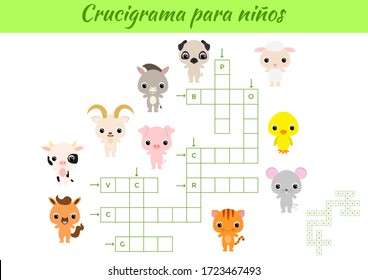 Crucigrama para niños - Crossword for kids. Crossword game with pictures. Kids activity worksheet colorful printable version. Educational game for study Spanish words. Vector stock illustration.