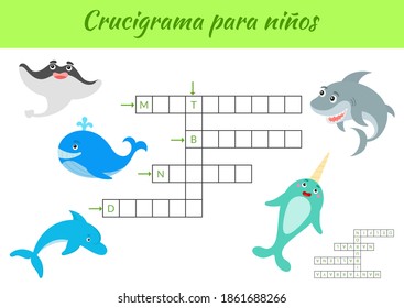 Crucigrama para niños - Crossword for kids. Crossword game with pictures. Kids activity worksheet colorful printable version. Educational game for study Spanish words. Vector stock illustration.