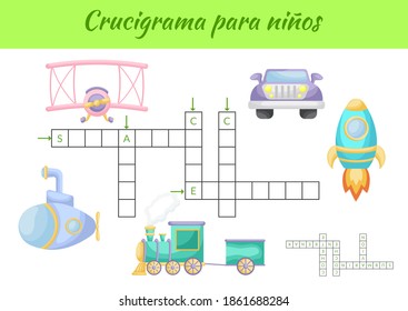 Crucigrama para niños - Crossword for kids. Crossword game with pictures. Kids activity worksheet colorful printable version. Educational game for study Spanish words. Vector stock illustration.