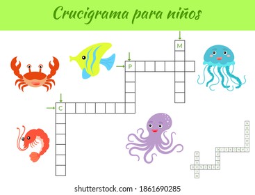 Crucigrama para niños - Crossword for kids. Crossword game with pictures. Kids activity worksheet colorful printable version. Educational game for study Spanish words. Vector stock illustration.