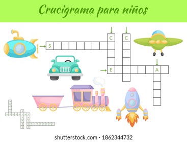 Crucigrama para niños - Crossword for kids. Crossword game with pictures. Kids activity worksheet colorful printable version. Educational game for study Spanish words. Vector stock illustration.