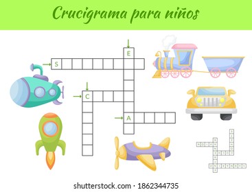 Crucigrama para niños - Crossword for kids. Crossword game with pictures. Kids activity worksheet colorful printable version. Educational game for study Spanish words. Vector stock illustration.