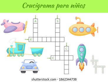 Crucigrama para niños - Crossword for kids. Crossword game with pictures. Kids activity worksheet colorful printable version. Educational game for study Spanish words. Vector stock illustration.