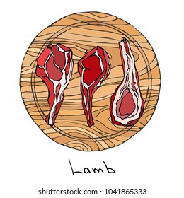 Crude Lamb Ribs Chopped on a Round Wooden Cutting Board. . Meat Cuts Guide for Butcher Shop or Steak House Restaurant Menu. Fresh Ingredient. Hand Drawn Illustration. Savoyar Doodle Style.