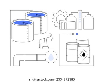 Abstraktes Rohöl-Konzept, Vektorgrafik. Rohöl in Fässern, Rohstoffsektor, Ölförderung, Gasindustrie, Petroleumtechnik, Raffinerieproduktion abstrakte Metapher.