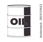 Crude oil barrel 2D line object. Refined petroleum fuel storage. Industrial resource. Petrochemical product. Gasoline container isolated clipart vector outline item. Black and white spot illustration