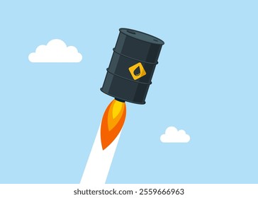 Crude oil barrel flying high. Price skyrocket reaching record. Modern flat style vector illustration