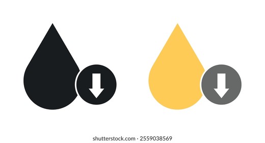 Crude oil barrel price falling down icons in black and colored version