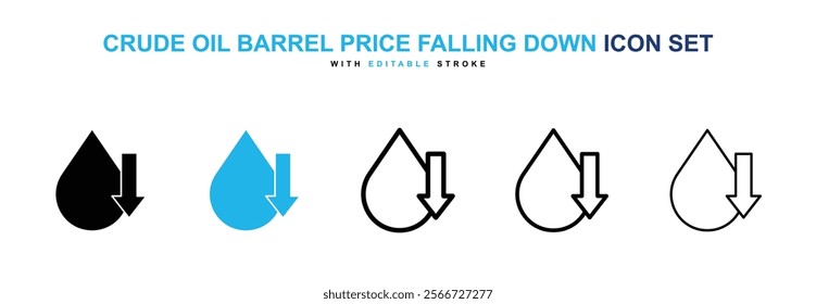 Crude oil barrel price falling down icons vector collection pack.