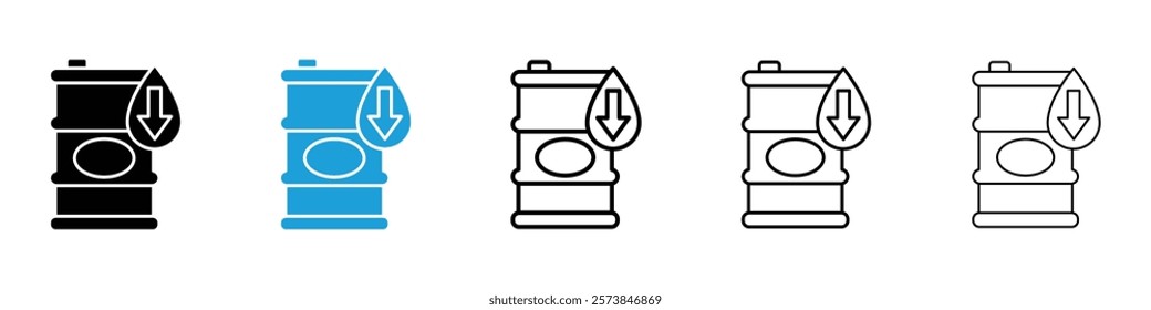 Crude oil barrel price falling down icons in filled and 3 stroke weights