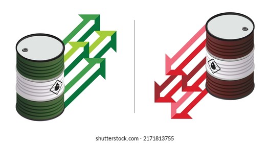 Crude Oil barrels with green red graph arrow going up down. Oil prices increase decrease. Oil market boom or crash. Trade among oil producing countries.  Fuel Petroleum barrel. Vector illustration.