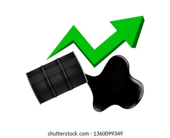 crude oil barrels with pointing up graph symbol green arrow isolated on white background, black metal barrel and crude oil drop and spill, icon of crude oil price rise petroleum oil industry concept