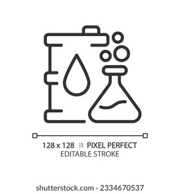 Crude oil chemical analysis linear icon. Laboratory test. Quality control. Chemical composition. Petroleum product. Thin line illustration. Contour symbol. Vector outline drawing. Editable stroke